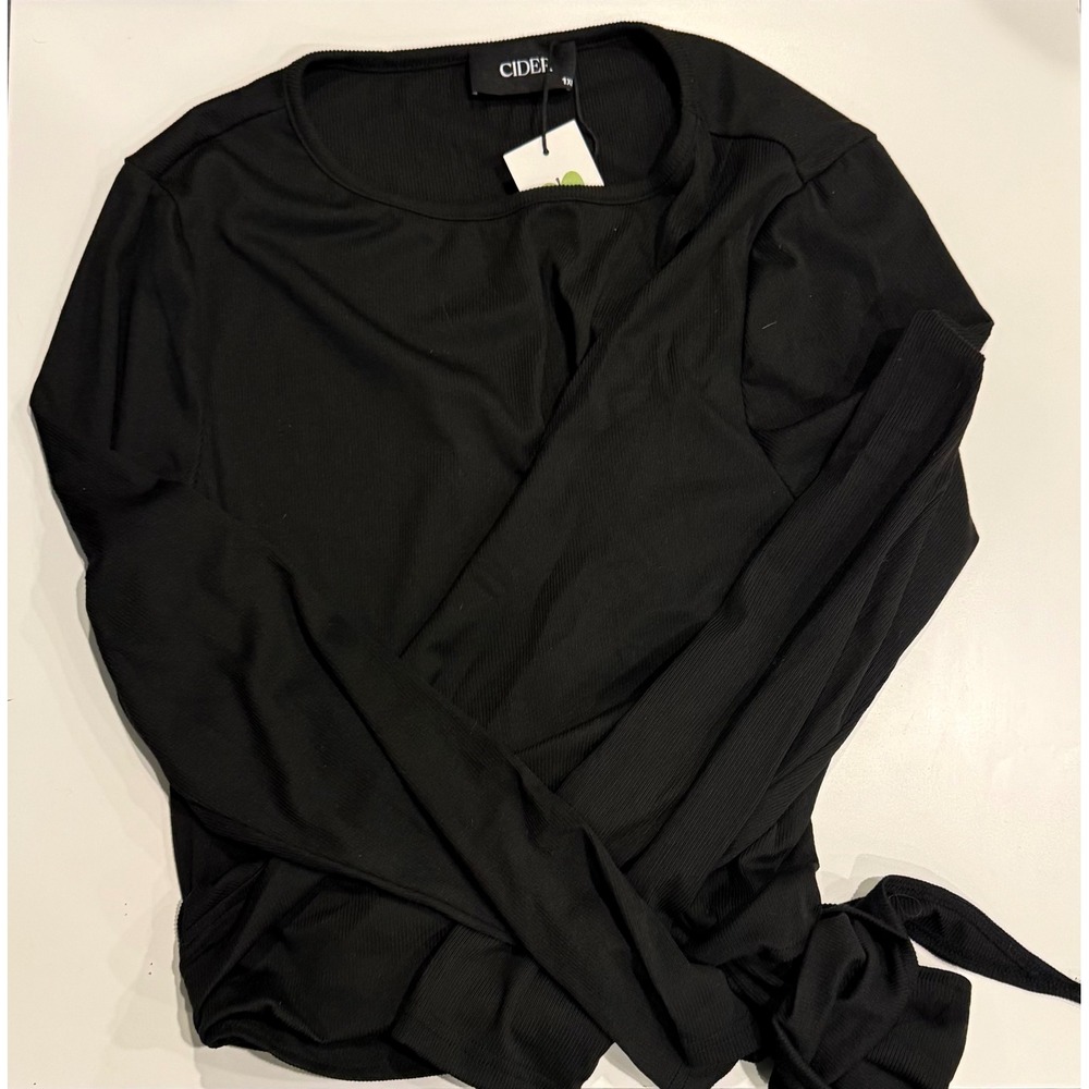 Cider Women Black‎ Ribbed Long Sleeve Wrap Tie Top Surplice Neck NWT 1XL